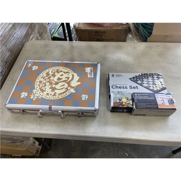 NEW YELLOW MOUNTAIN CHINESE MAHJONG SET IN HARD CASE AND TRAVEL MAGNETIC CHESS SET AND SOLID BEECH W