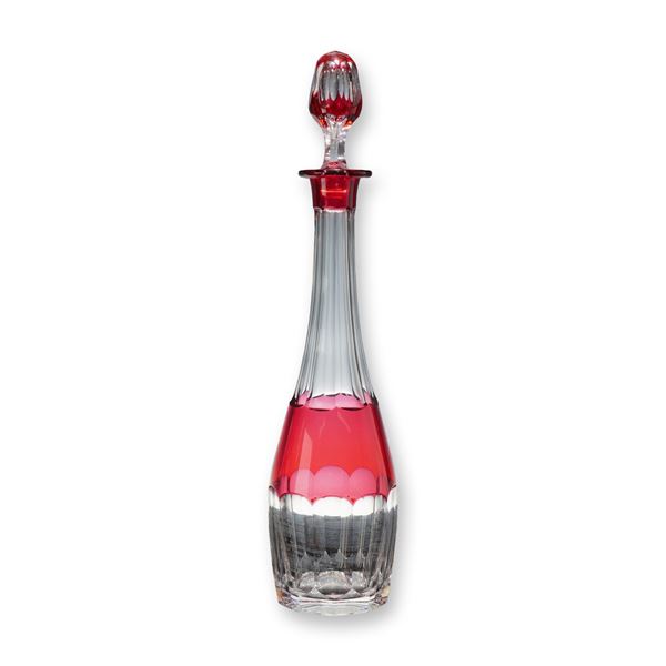 Val Saint Lambert Cranberry Cut-to-Clear Crystal Decanter with Stopper, Seville Pattern