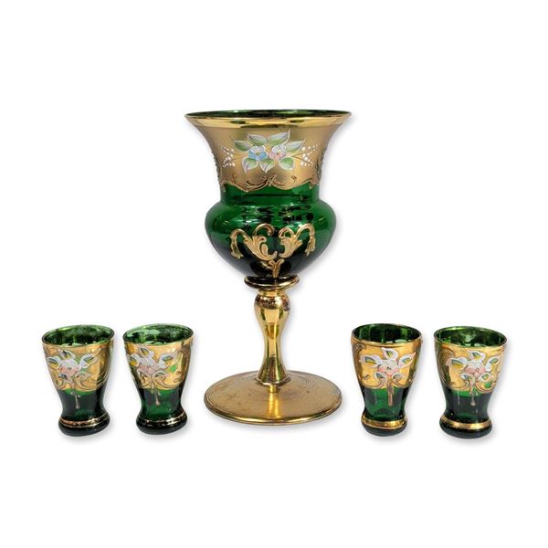 5pc Murano Vetreria-Veneiere Green 24K Gilt Glassware Set