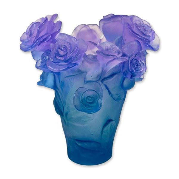 Daum Rose Passion Blue and Purple Pate de Verre Vase