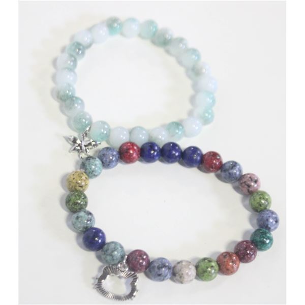 2 GEMSTONE BRACELETS W CRYSTAL BFLY &