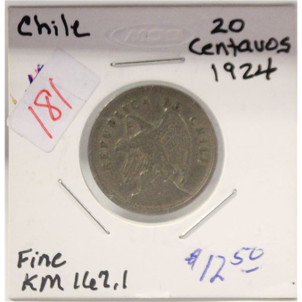 1924 20 CENTAVOS CHILE COIN