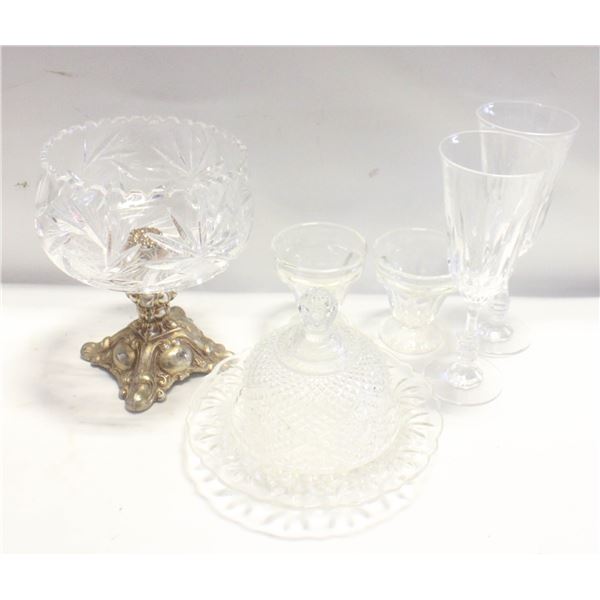 FLAT WITH MISC CRYSTAL, GLASS BUTTER DISH