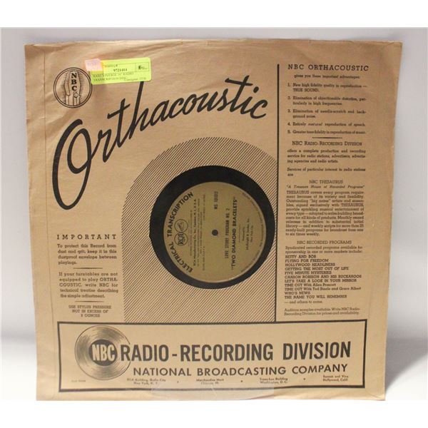 RARE VINTAGE 16" RADIO TRANSCRIPTION DISC-