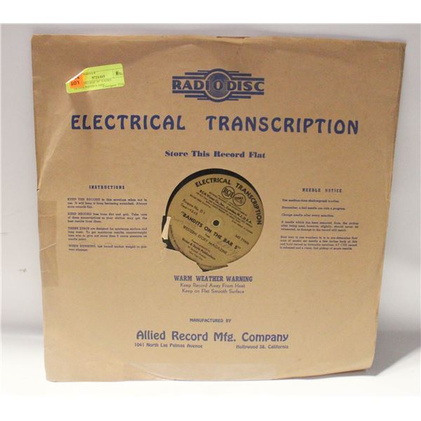 RARE VINTAGE 16" RADIO TRANSCRIPTION DISC-