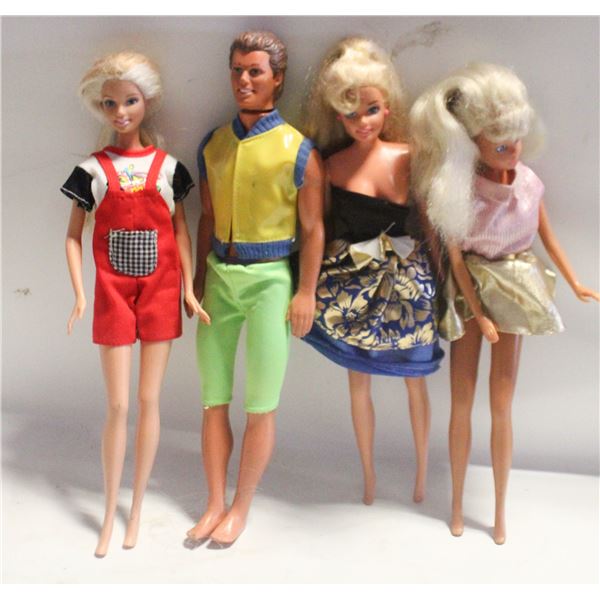 1980'S KEN AND 3 BARBIE DOLLS