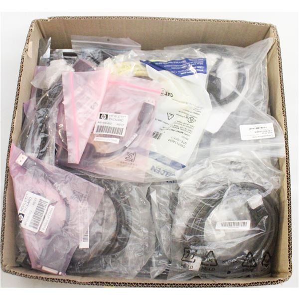 ASSORTED NEW CABLE/COMPUTER CORDS+PLUGS BOX FULL