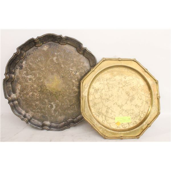 2 VINTAGE PLATTERS 14" BRASS & 17" SILVER PLATED