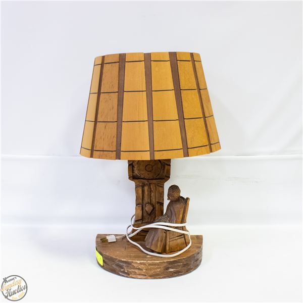 FOLK ART CARVED WOOD LAMP H-20" MISSING THE PIECE-