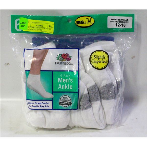 ANKLE SOCKS WHITE BIG&TALL 6-PACK FRUIT OF TH