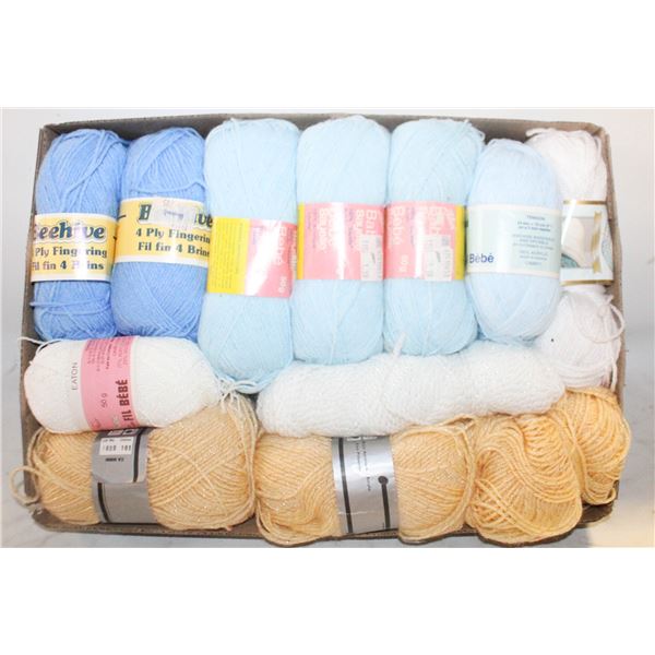 12 SKIENS YARN, YELLOW, WHITE & BLUE,
