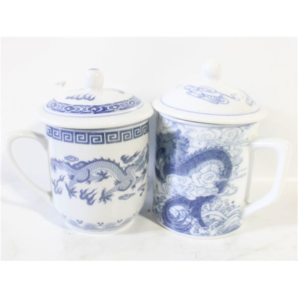 2 VINTAGE CHINESE LIDDED TEA MUGS DRAGON
