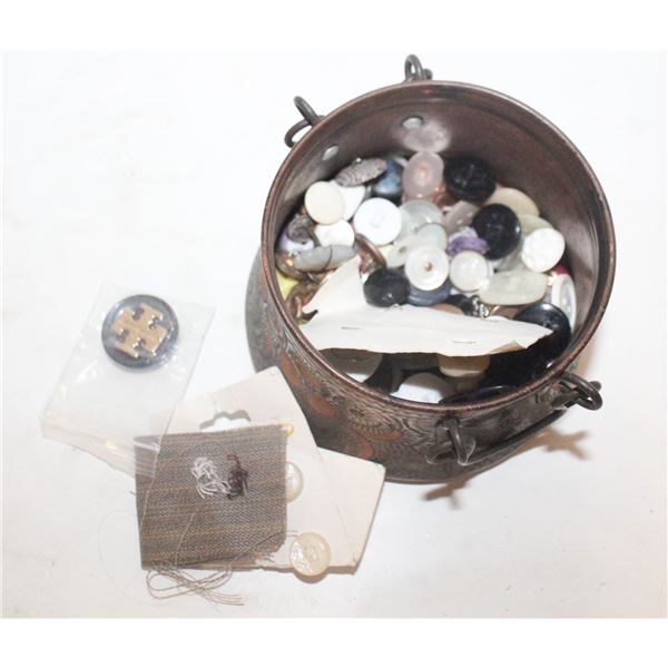 ANTIQUE & VINTAGE BUTTONS IN OLD COPPER CAULDRON