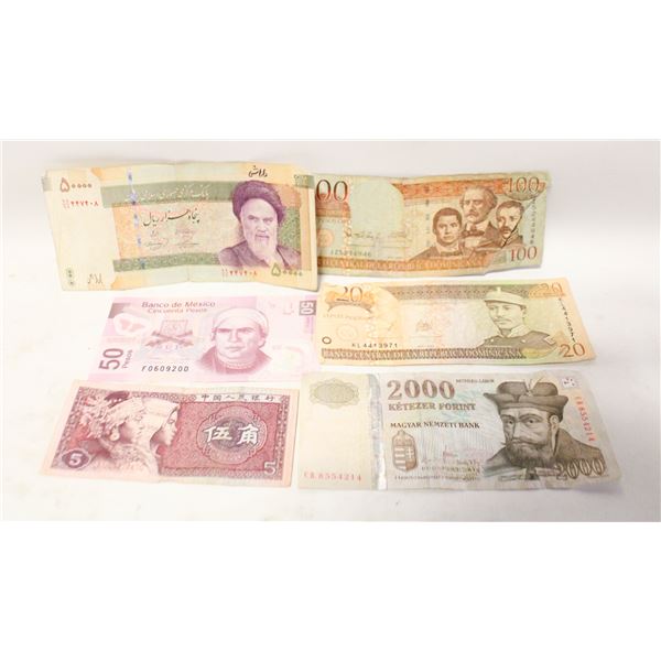 FOREIGN CURRENCY 6 BILLS IRAN, MEXICO,