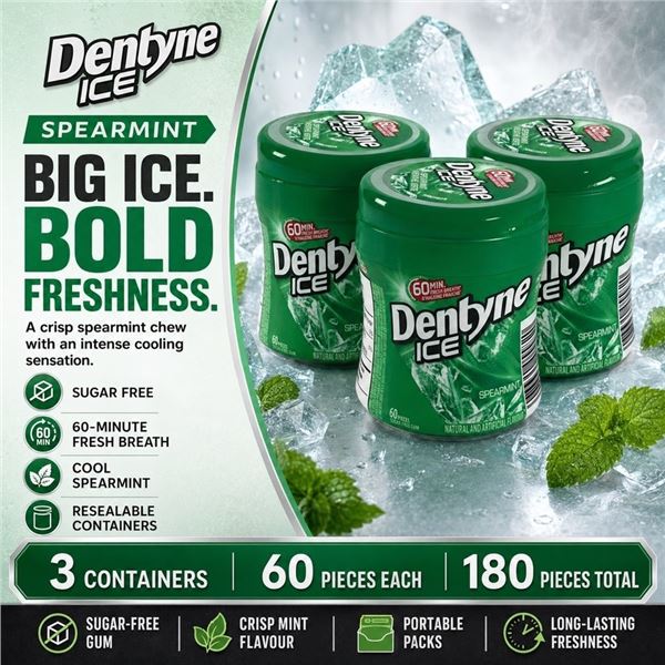 3 DENTYNE ICE SPEARMINT GUM 60PC