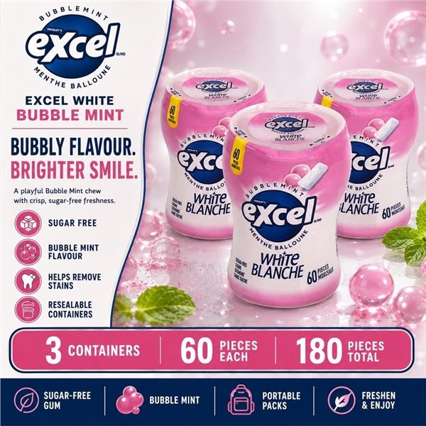 3 EXCEL WHITE BUBBLEMINT GUM 60PC