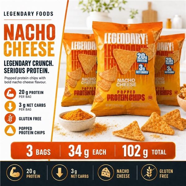 3 LEGENDARY NACHO CHEESE PROTEIN CHIPS 34G BB