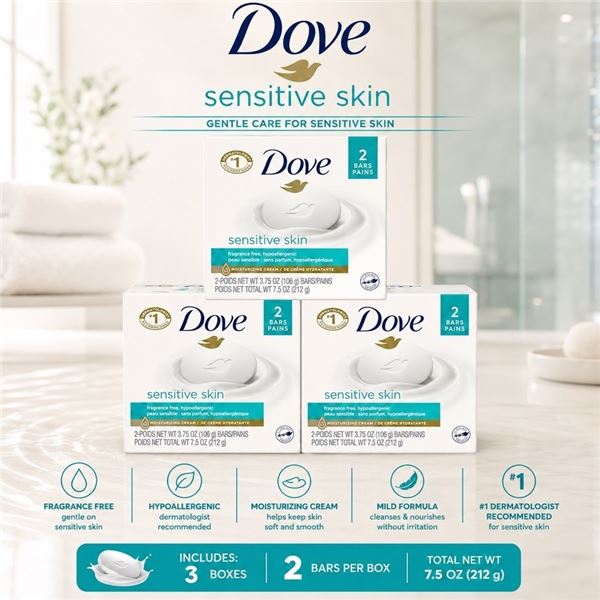 DOVE SENSITIVE SKIN SOAP 3 BOX LOT (6 BARS)