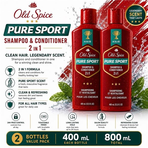 2 OLD SPICE PURE SPORT SHAMPOO & CONDITIONER