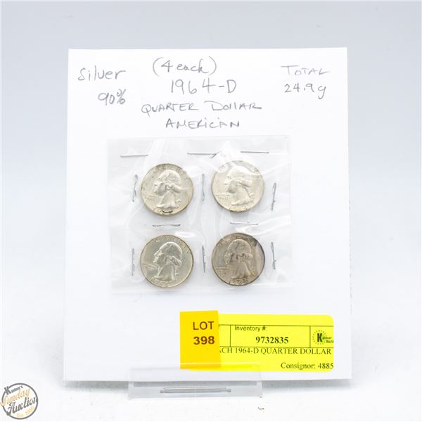 4 EACH 1964-D QUARTER DOLLAR