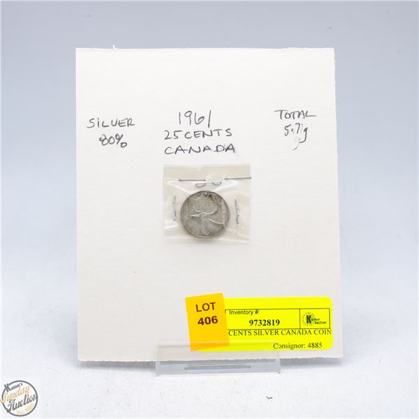1961 25 CENTS SILVER CANADA COIN 80%