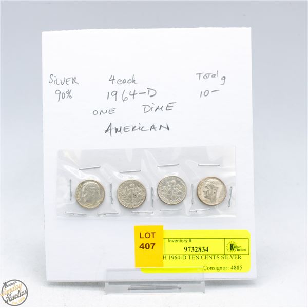 4 EACH 1964-D TEN CENTS SILVER