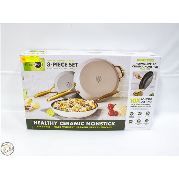NEW 3 PIECE GREENPAN CERAMIC NONSTICK FRYING PANS