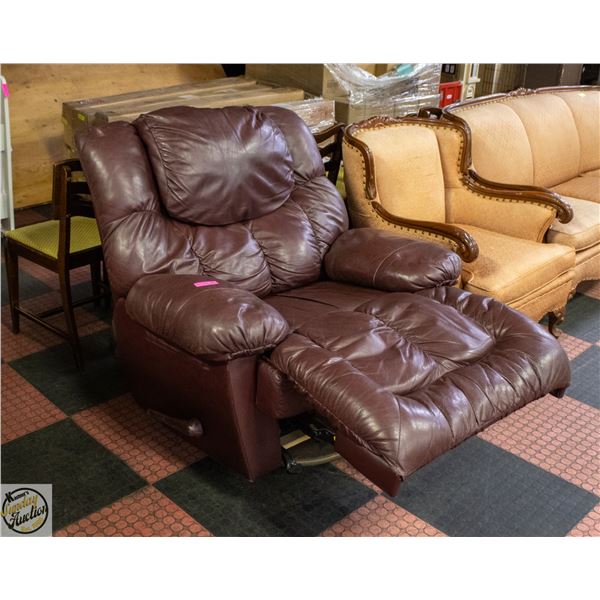 MAHOGANY-COLORED LEATHER RECLINER SWIVEL BOTTOM