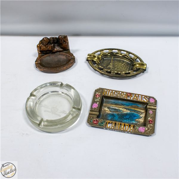 4 VINTAGE BRASS & GLASS ASHTRAYS