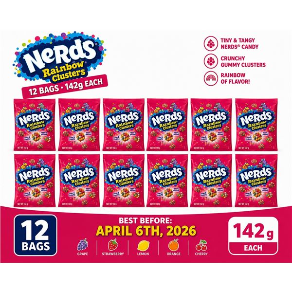 CASE WITH 12 142G BAGS OF NERD RAINBOW CLUSTERS
