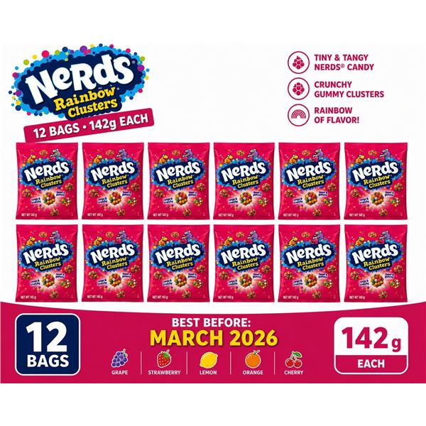 CASE WITH 12 142G BAGS OF NERDS RAINBOW CLUSTERS