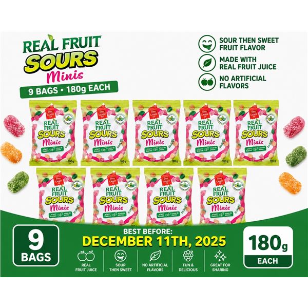 CASE WITH 9 180G BAGS OF REAL FRUIT SOUR GUMMIES