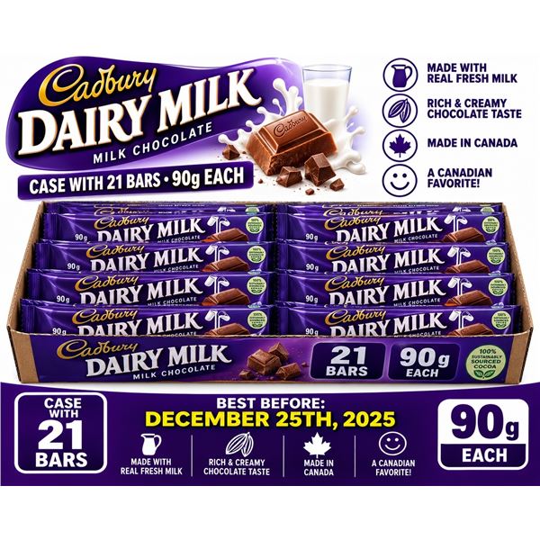CASE WITH 21 90G BARS OF CADBURY DAIRY MILK