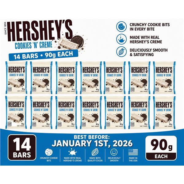 CASE W/14 90G BARS OF HERSEYS COOKIES AND CREAM