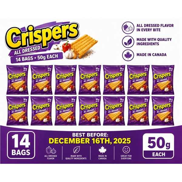 CASE WITH 14 50G BAGS OF CRISPERS ALL DRESSED