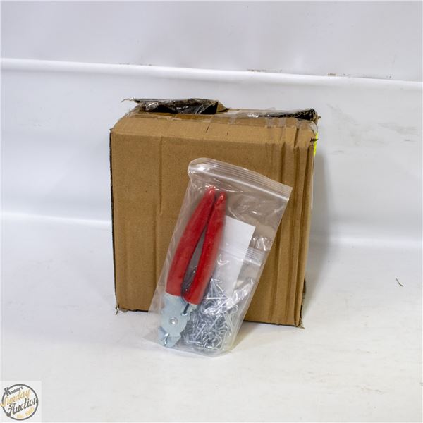BOX OF 9 SETS OF HOG RING PLIERS WITH 200 RINGS