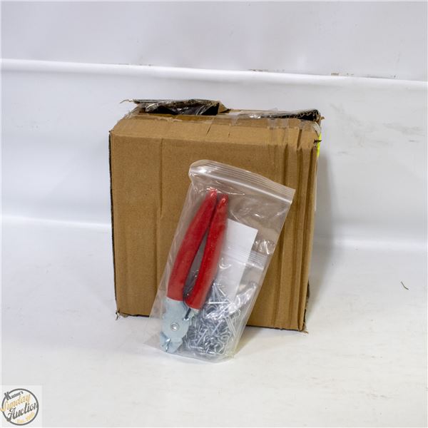 BOX OF 9 SETS OF HOG RING PLIERS WITH 200 RINGS