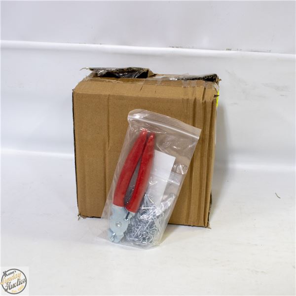 BOX OF 9 SETS OF HOG RING PLIERS WITH 200 RINGS