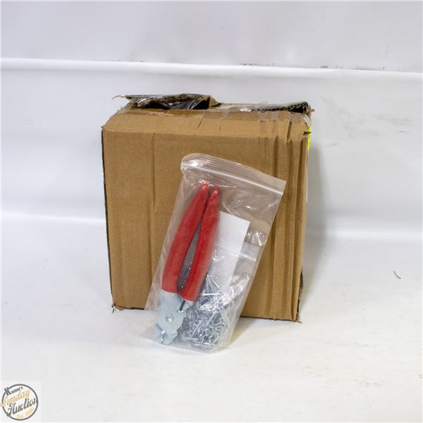 BOX OF 9 SETS OF HOG RING PLIERS WITH 200 RINGS