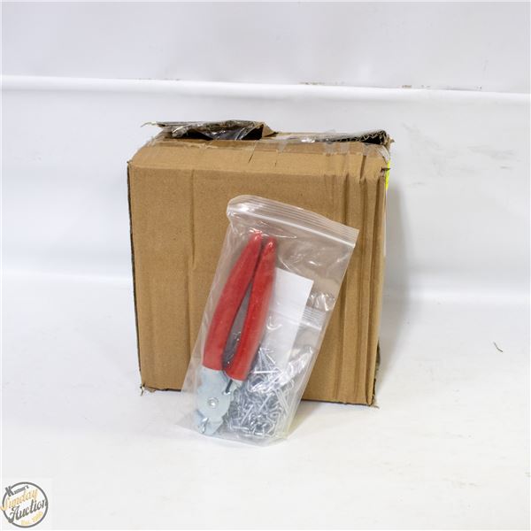 BOX OF 9 SETS OF HOG RING PLIERS WITH 200 RINGS