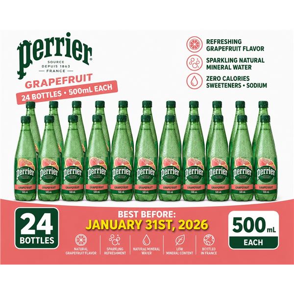 CASE WITH 24 500ML BOTTLES OF PERRIER GRAPEFRUIT