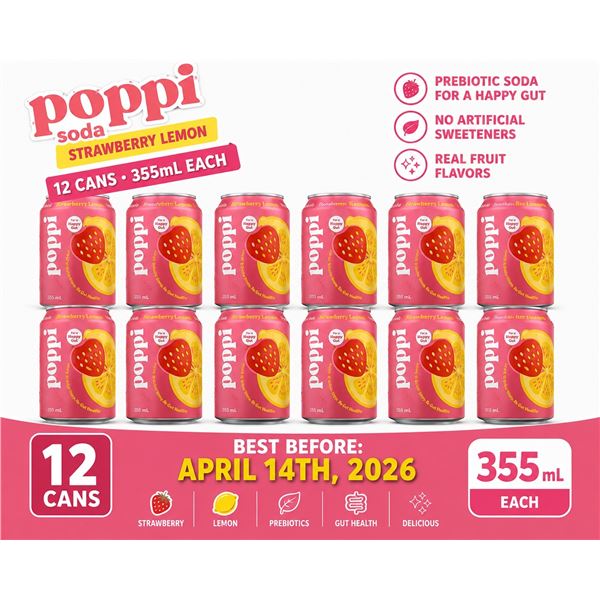 CASE WITH 12 355ML CANS OF POPPI STRAWBERRY LEMON