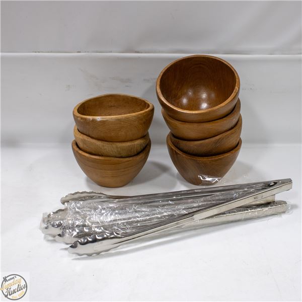 WOODEN SALAD BOWLS & NEW TONGES