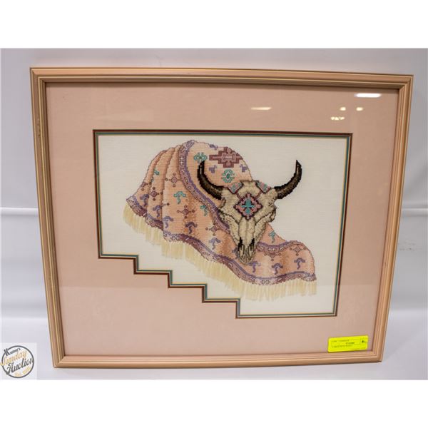 18" X 22" NAVAJO SKULL LARGE PETIT POINT FRAMED
