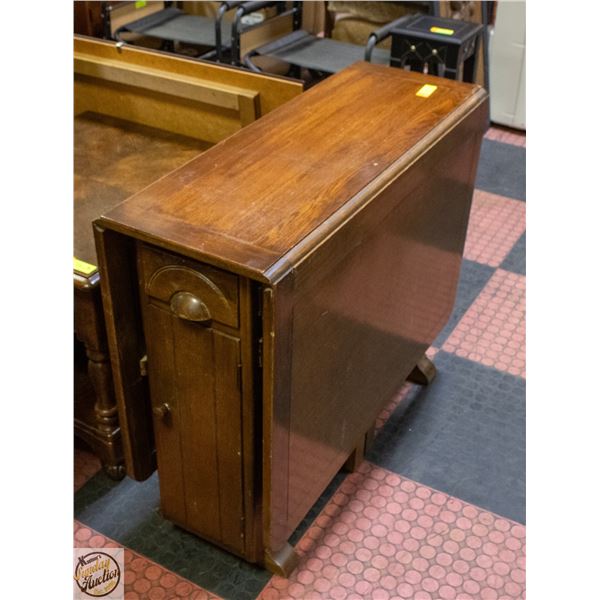 VINTAGE OAK DROPLEAF TABLE W/DRAWERS/DOOR STORAGE