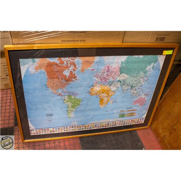 WORLD ATLAS MAP WITH NATIONS FLAGS 40"X29"