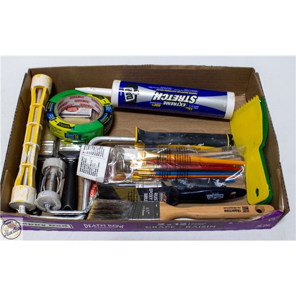FLAT OF PAINT SUPPLIES AND BRUSHES ETC