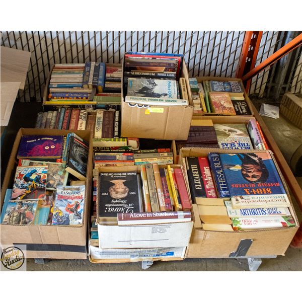 PALLET LOT OF ASSORTED MIXED BOOKS FROM STORAGE