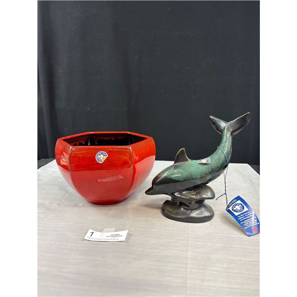 2 Vintage Blue Pottery Pieces Whale and Red Bowl