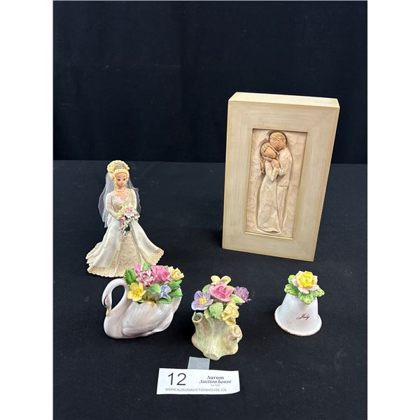 Lot of 3 Bone China Decorative Flowrers  and Bride Figurine Plus Keepsake Box